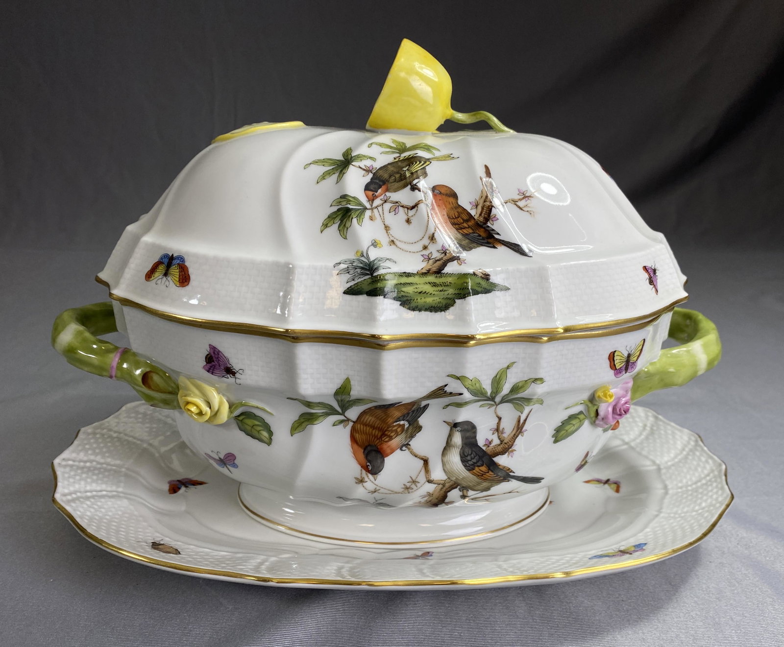 Herend Rothschild Bird Tureen and Platter: The tureen is marked 1014 / 20 Lemon. It measures 8 3/4" tall and 12 3/4" wide including the handles. The platter is marked 1103 /17. It measures 13 1/2" long.