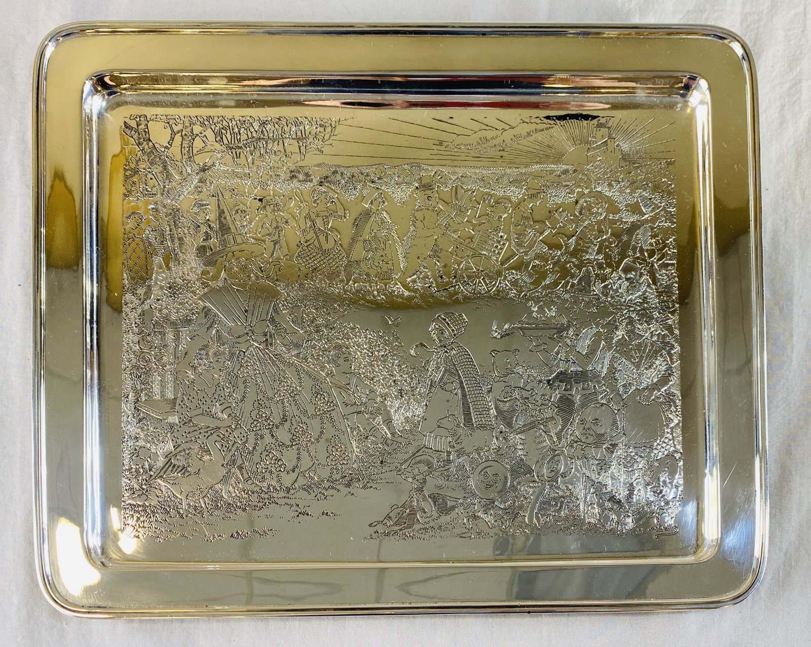 Gorham Sterling Nursery Rhyme Rectangular Tray: An unusual large rectangular tray, sterling silver in a nursery rhyme motif by Gorham. Marked as shown. Measures 13 1/8" x 10 5/8". Weighs 662 grams.