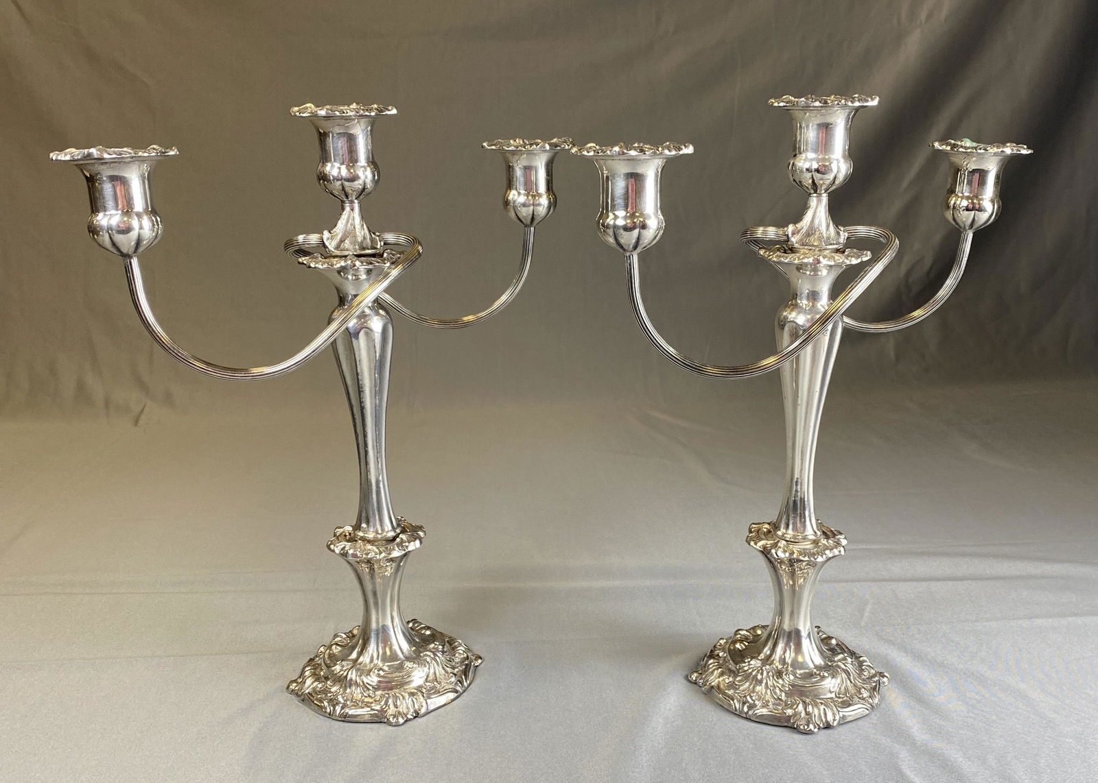 Pair Silver Plated 3 Three Arm Candelabras: Each measures 16" tall and 14" wide. Hallmarked as shown.