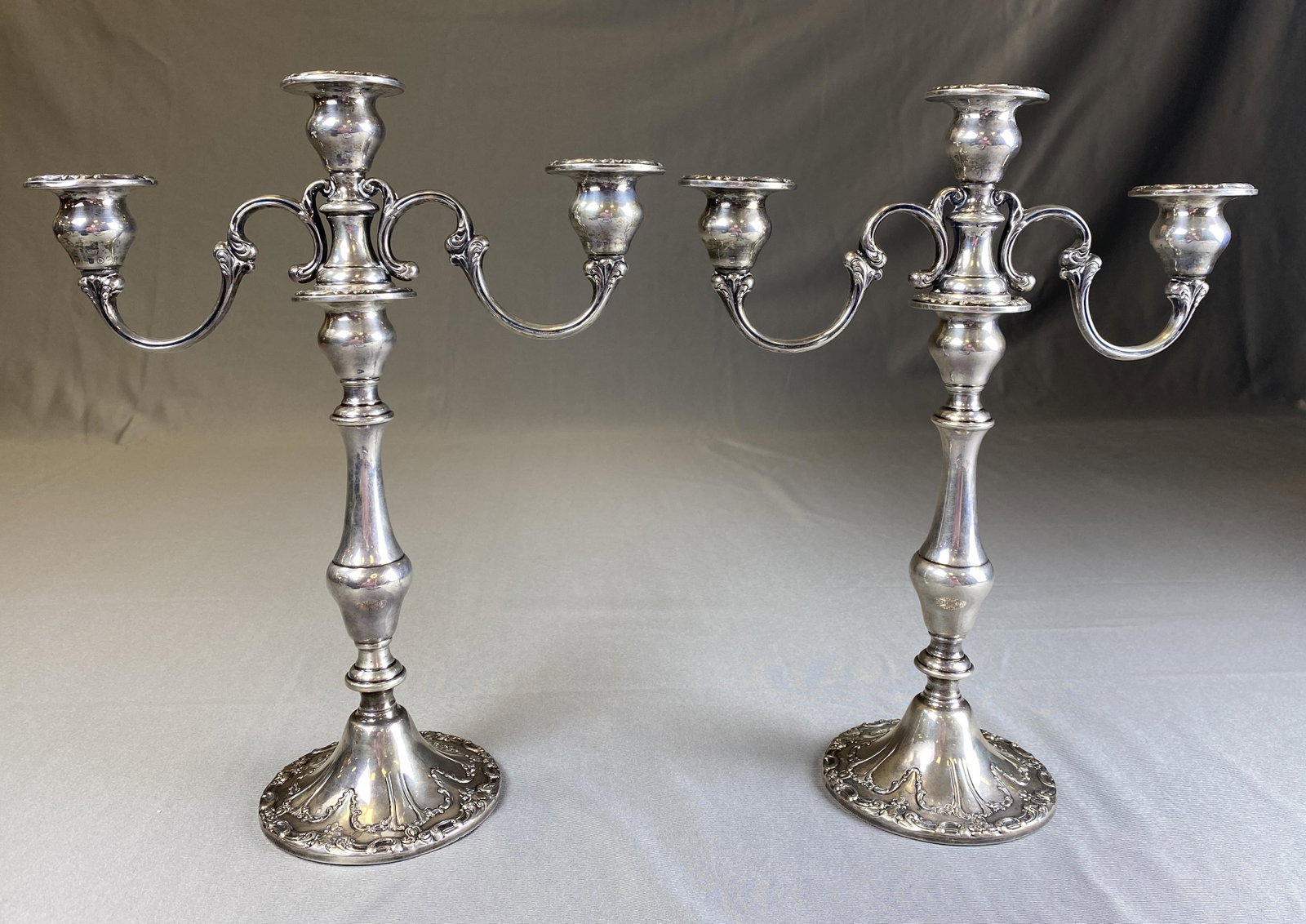 Pair Gorham Chantilly Sterling 3 Arm Candelabra: Pair of weighted sterling silver three light candelabra from Gorham in the "Chantilly" pattern. They are 13" tall and the total weight of each is 868 grams.