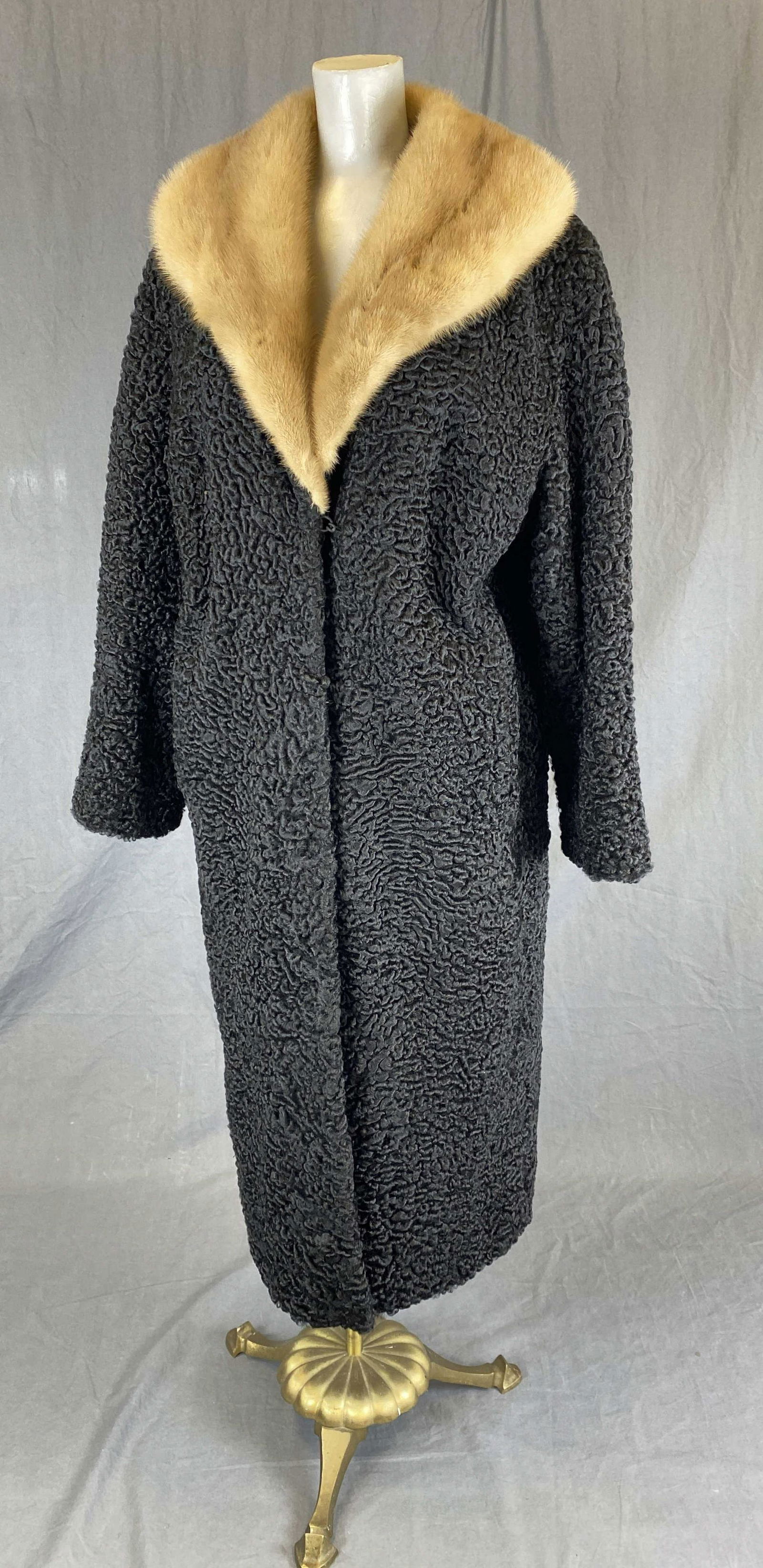 Persian Lamb with Mink Collar Vintage Fur Coat: Label: Hudsons Fur Salon Dimensions: Chest, armpit to armpit - 19" Sleeve length - approximately 22 1/2" Overall length - 45"