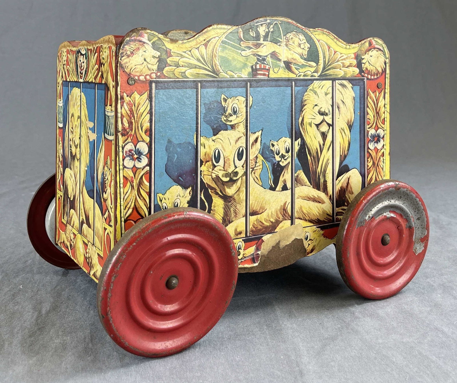 Gong Bell Circus Wagon Pull Toy 1940s: Early 1940's Gong Bell circus wagon pull toy. measures 7 1/4" in height.