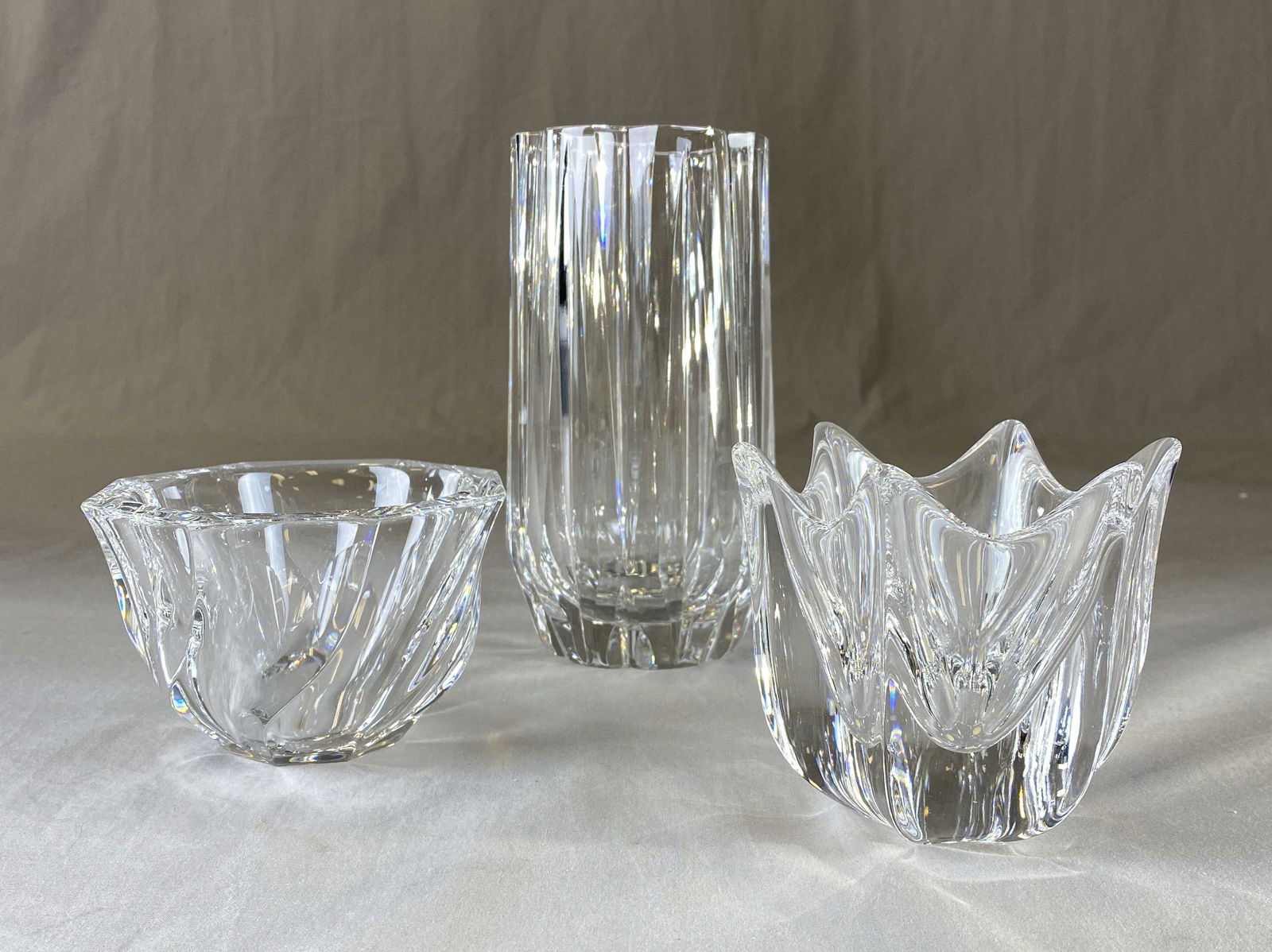 3 Signed Orrefors Art Crystal Vases: The tallest measures 7 7/8".