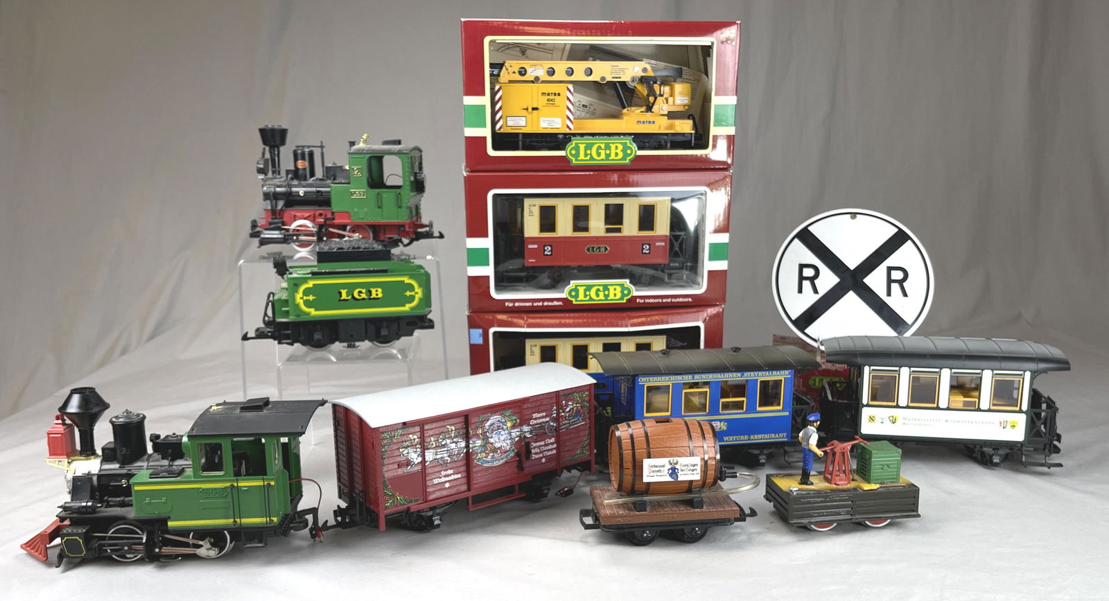 11 Piece LGB Train Set: LGB Lehmann-Gross-Bahn The Big Train G scale. Includes 11 pieces, some with original boxes as shown. Also includes some brochures, catalogs and instructions as shown.