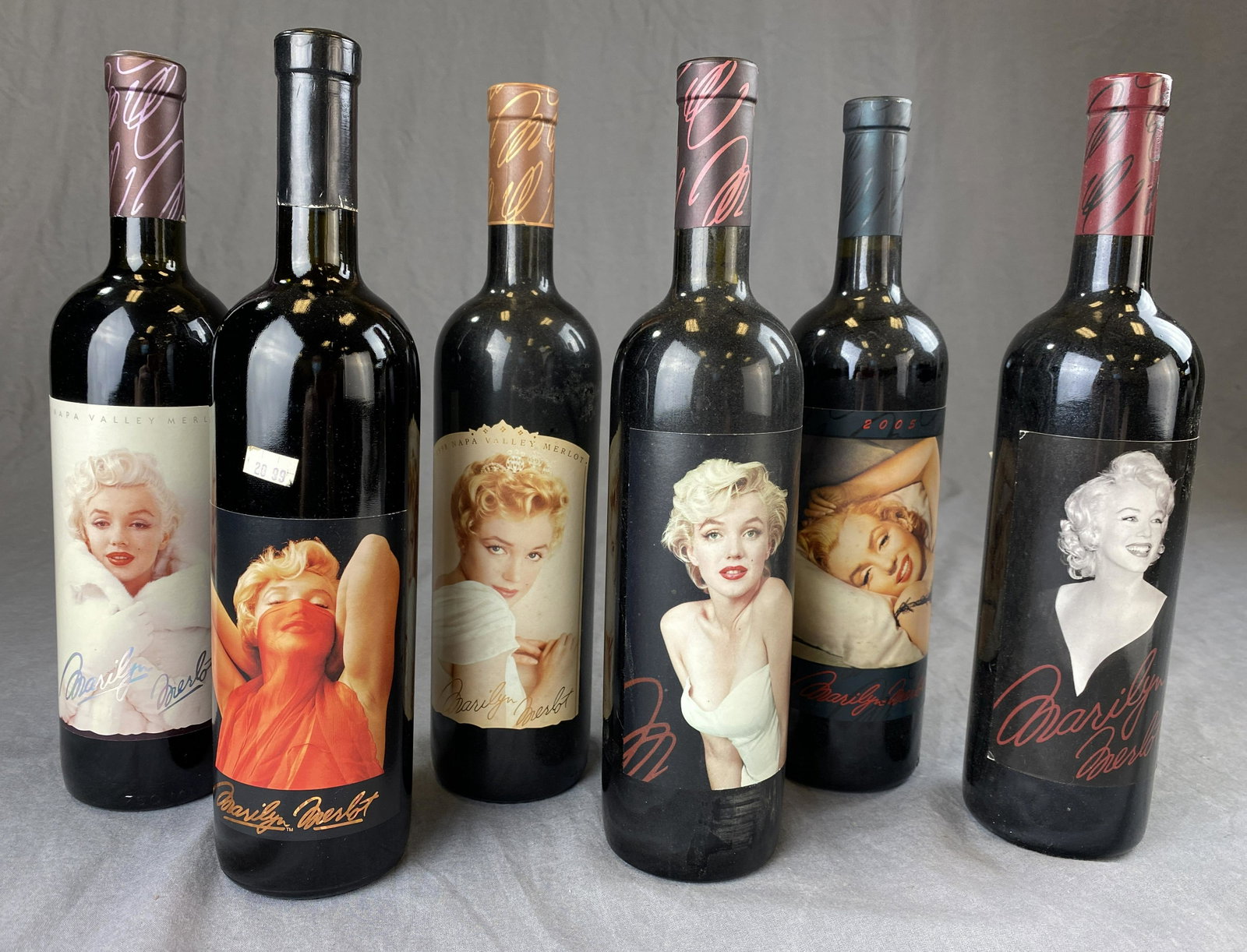 Marilyn Merlot 6 Sealed Bottles Napa Valley: (6) 750 ml bottles of Napa Valley Marilyn Merlot from Nova Wines. Includes the years 1995, 1997, 1998, 2000, 2005, 2006. Due to shipping regulations, this item can not be shipped and must be picked up