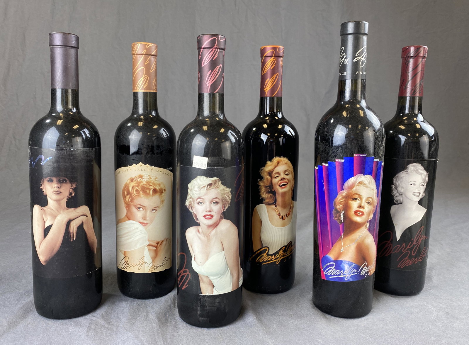 Marilyn Merlot Napa Valley 6 Sealed Bottles: (6) sealed 750 ml bottles of Napa Valley Marilyn Monroe from Nova wines. Includes the years 1996, 1998, 2000, 2004, 2006. Due to shipping regulations, this item can not be shipped and must be picked u