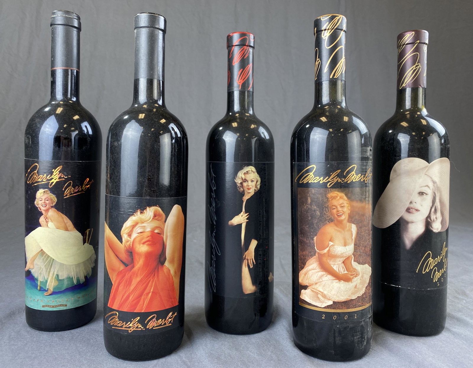 Marilyn Merlot 5 Sealed Bottles Nova Napa Valley: (5) 750 ml. sealed bottles of Marilyn Merlot from Nova Wines of Napa Valley. Includes the years 1994, 1997, 1999, 2001, 2002. Due to shipping regulations, this item can not be shipped and must be pick