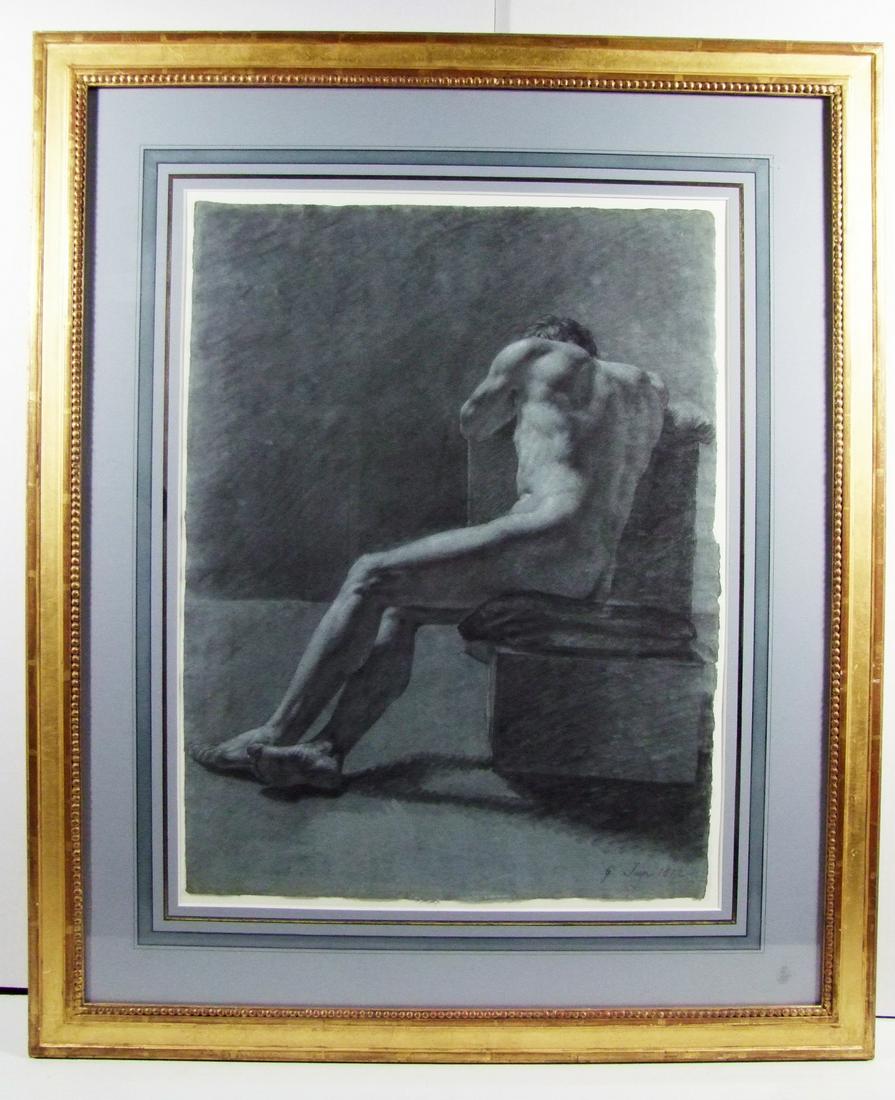 Leon Cogniet (1794-1880) Chalk Seated Nude Male: Leon Cogniet (French 1794-1880), Attributed Chalk on Blue Paper of a seated nude male. Dated 6 June, 1812 lower right, (In 1812, he enrolled at the Ecole des Beaux-arts, where he studied with Pierre-N