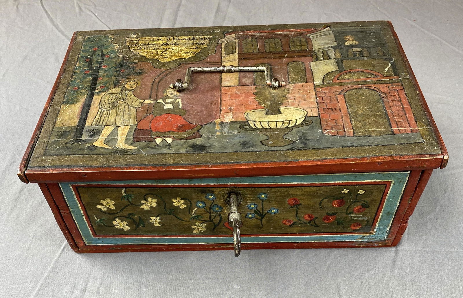 Early Painted Lock Box w/Key, Hidden Compartments (1 of 11)
