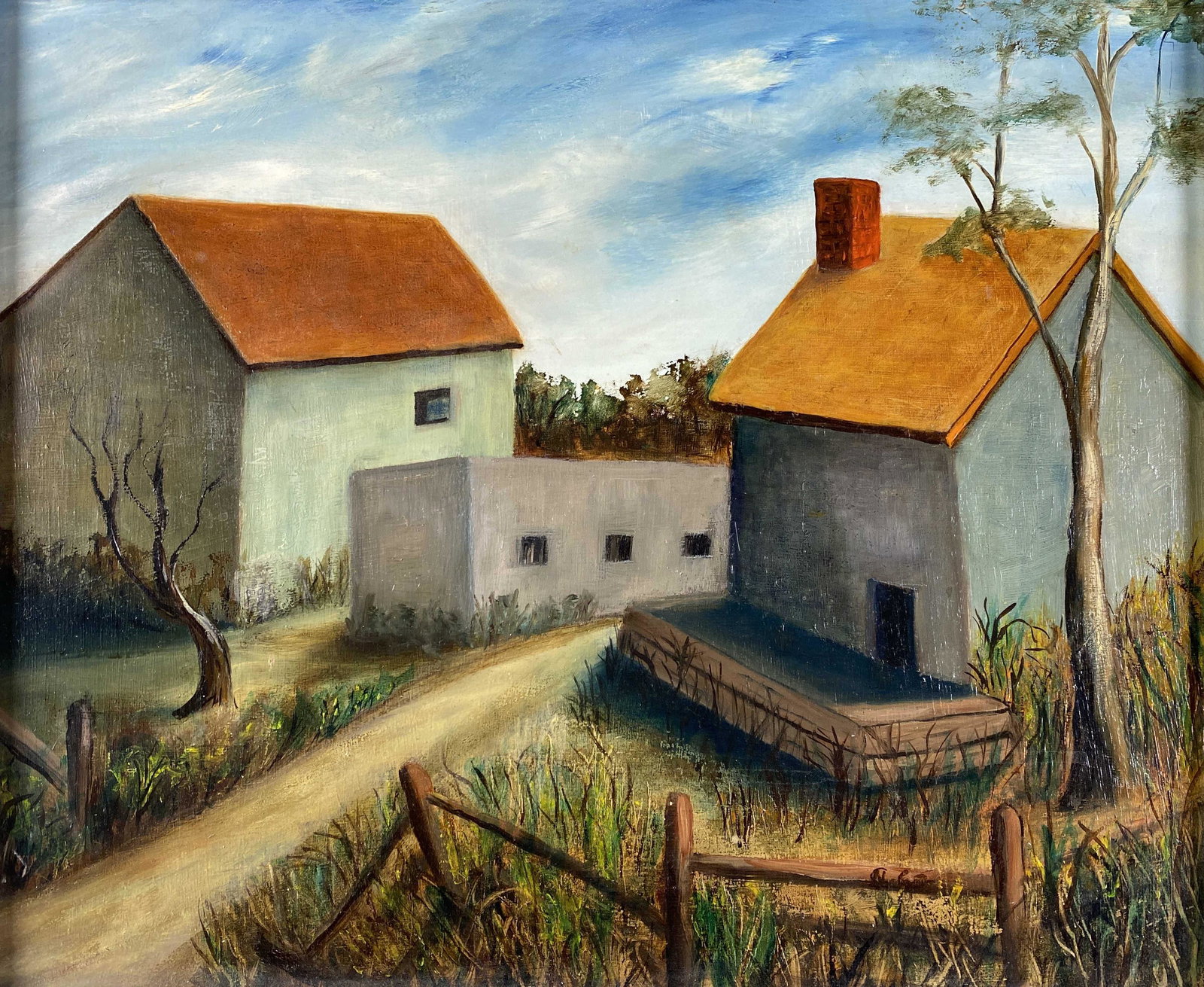 Cora J. Nelson Midcentury Barn Scene Oil on Board (1 of 3)
