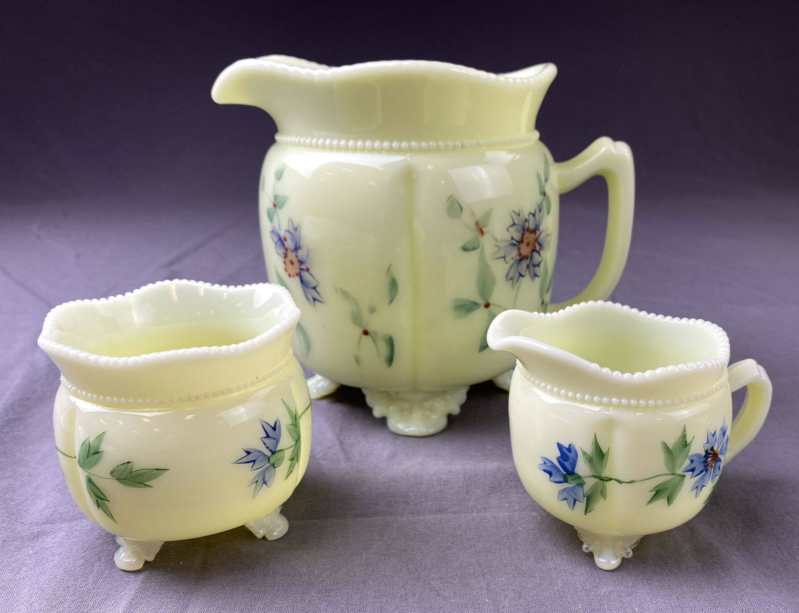 Hand Painted Custard Glass Pitcher, Creamer, Sugar (1 of 4)