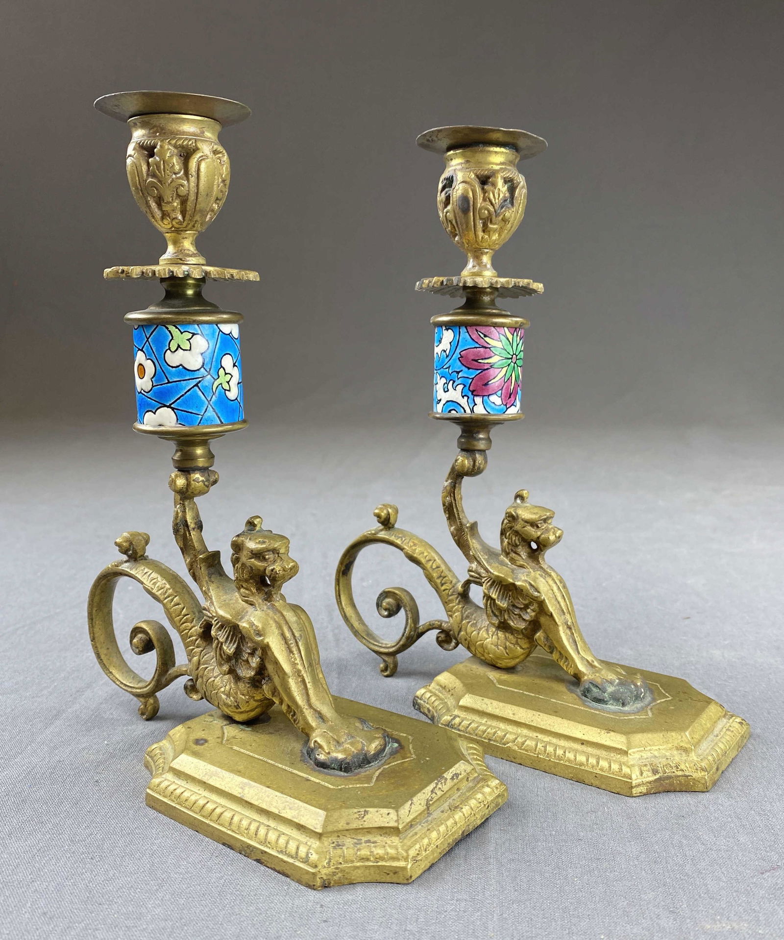 Pair Longwy Faience Bronze D'ore Candleholders (1 of 5)