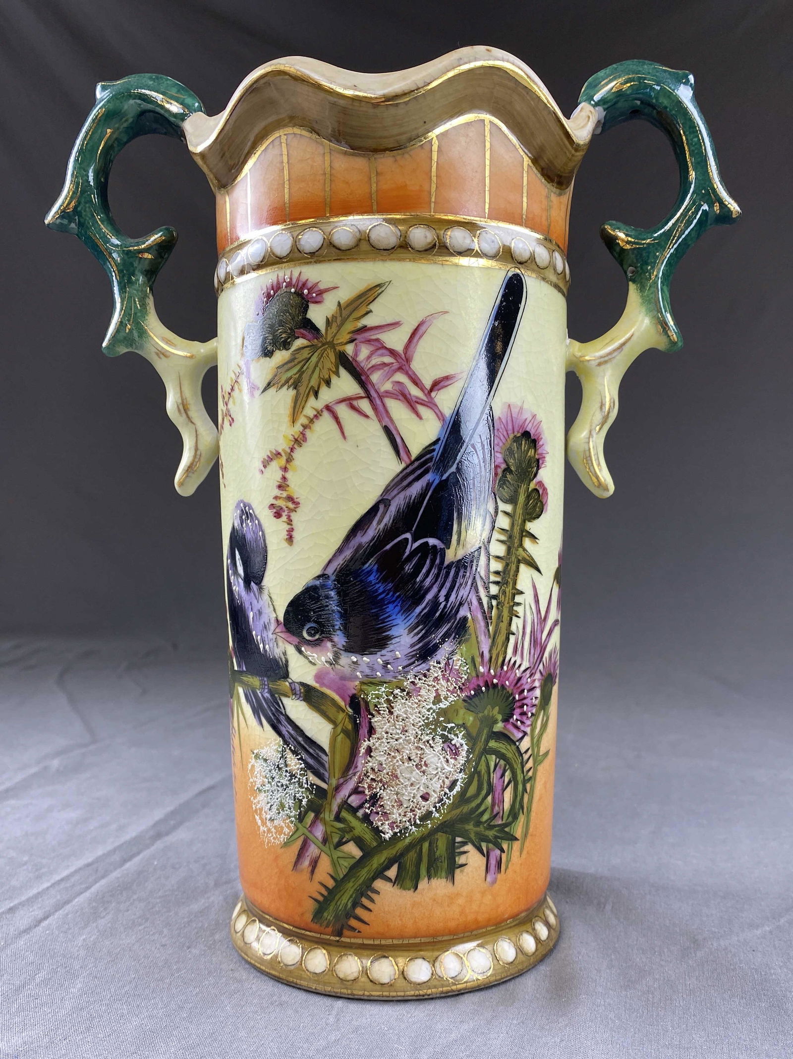 Large 2 Handled Hand Painted Vase with Birds (1 of 7)