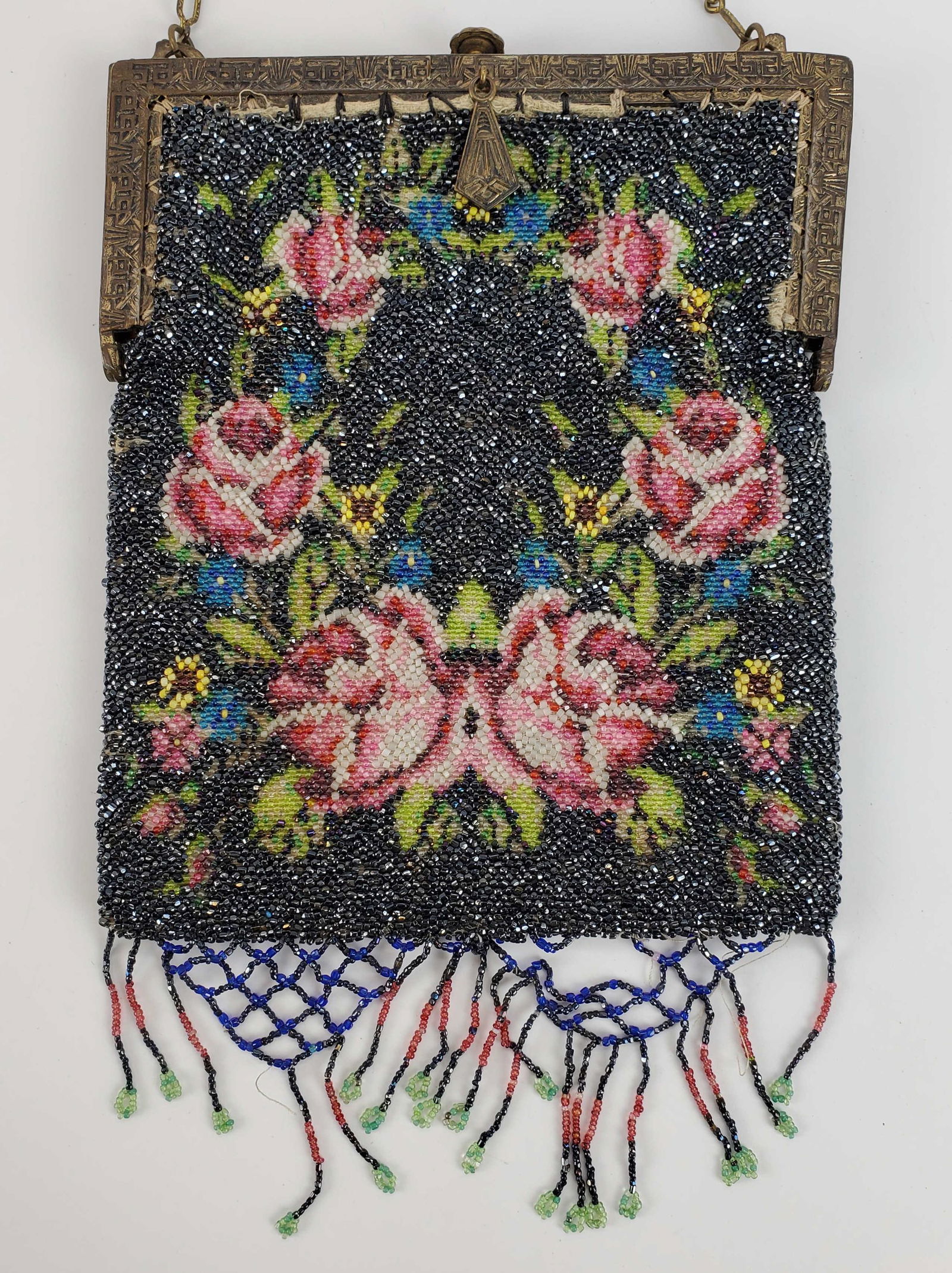 Art Deco Micro Beaded Floral Brass Frame Purse (1 of 11)