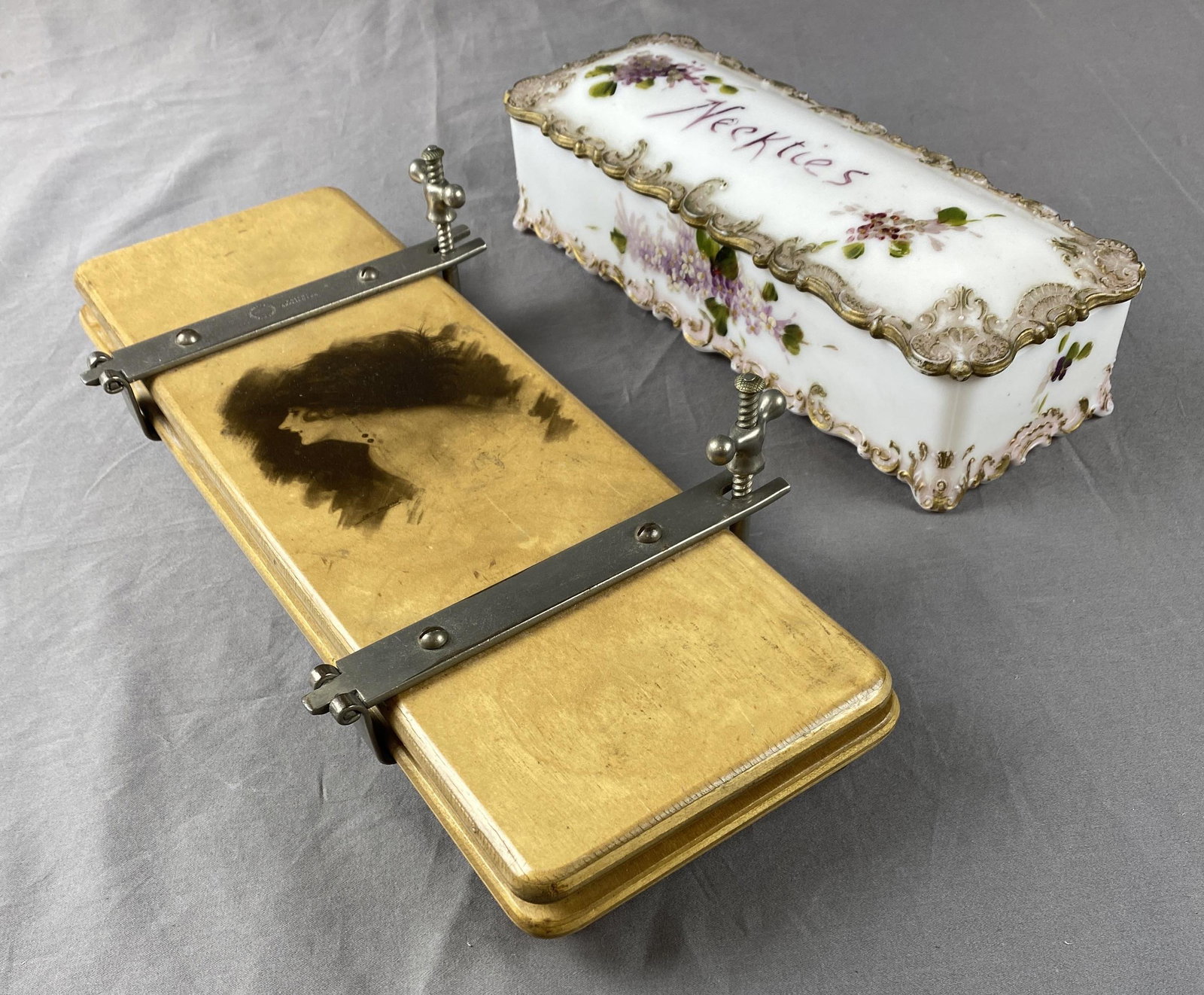 1920s Necktie Press and Painted Milk Glass Box (1 of 7)