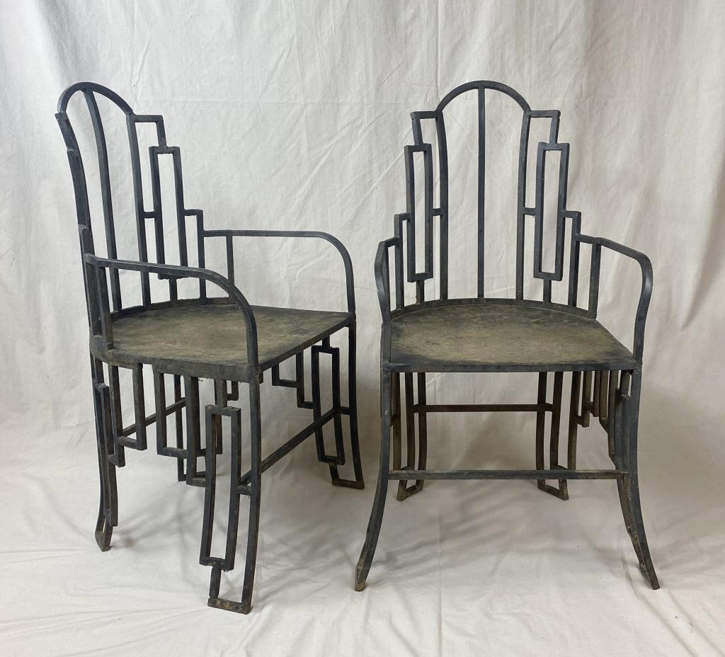 Pair Art Deco Gothic Revival Wrought Iron Chairs (1 of 9)