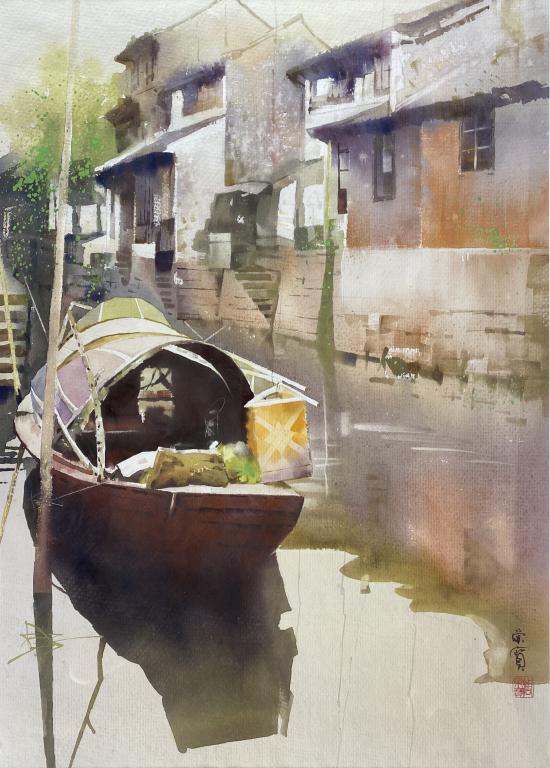 Chinese Watercolor Mid 20th C. Signed River Town (1 of 10)