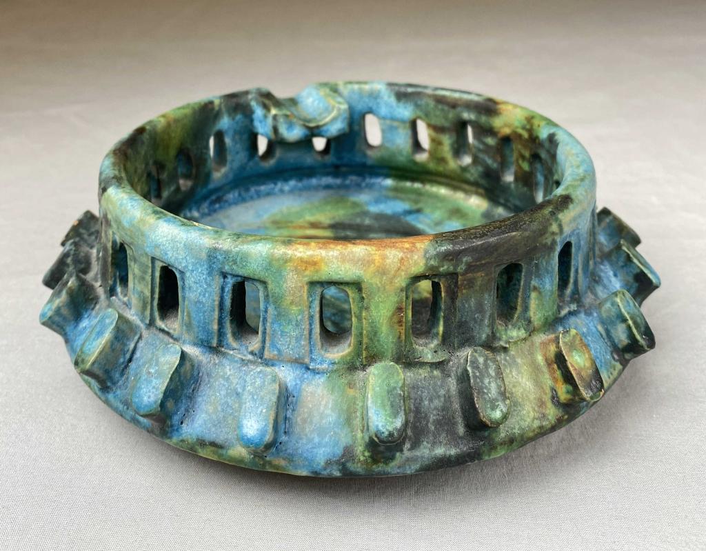 Alvino Bagni "Sea Garden" Ashtray Raymor Italy: Brutalist pierced pottery ashtray by Alvino Bagni for Raymor, Italy 1960s. Height 2-3/8" Diameter 7" Shipping: In-House Shipping Offered