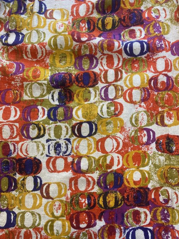 1960s Custom Made Drapes and Valances: Linen textured printed drapes from a Chicago estate dating to the 1960s. Great color in a pattern reminiscent of the work of Maija Isola. Includes 3 panels and 2 valances. Two of the panels measure 56