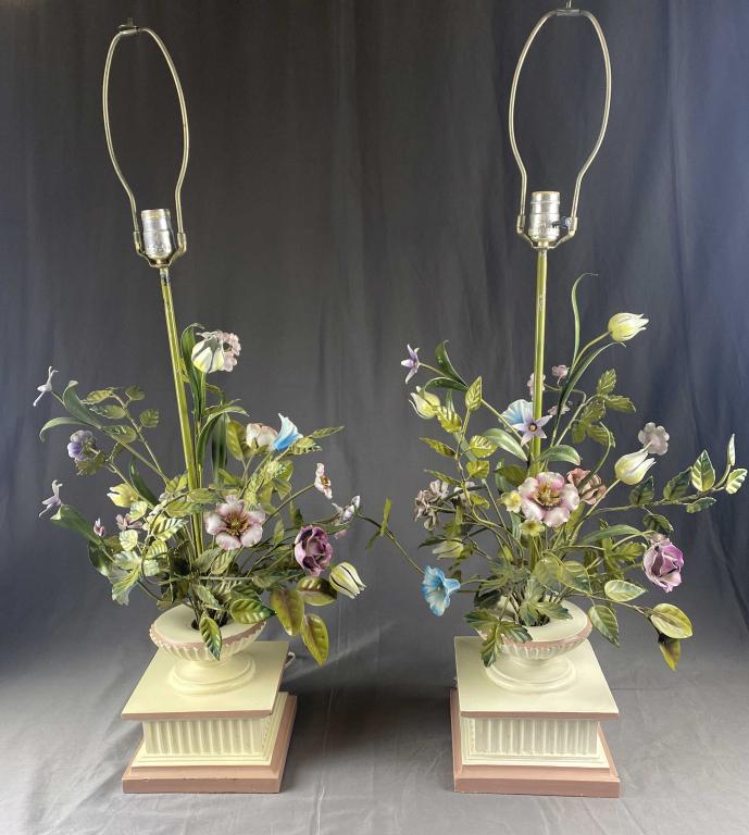 Pair Italian Tole Table Lamps Circa 1940s: Large floral bouquet lamps in hand wrought and painted metal, tagged "Made in Italy" The painted bases are quite I'm not sure of what material they are made. 36-1/2" tall including harps. Shipping: Th