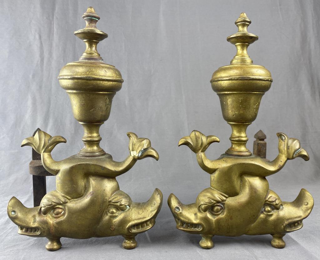 Pair 19th C. Brass Entwined Dolphin Andirons (1 of 5)