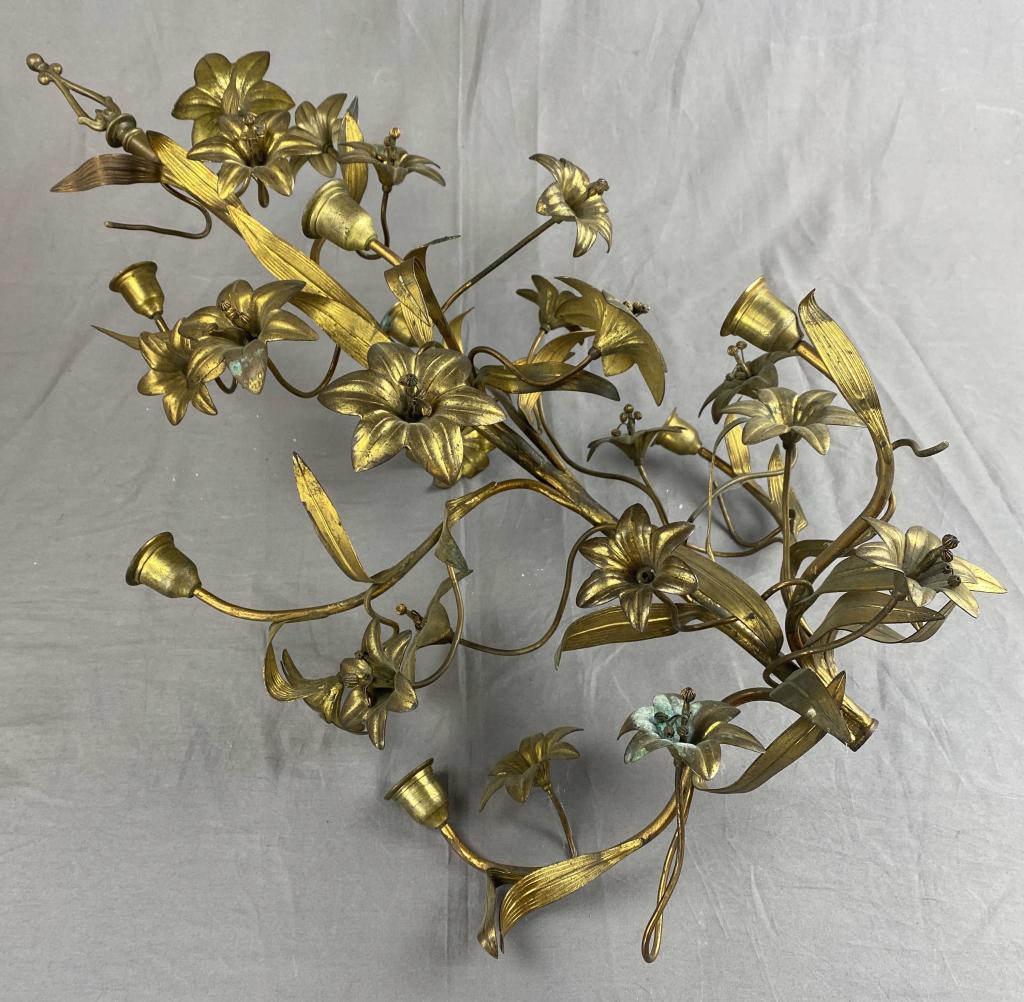 French 19th C. Gilt Bronze Lily Candelabra: A gilt bronze floral candelabra circa late 19th century. As found without a base. Measures 26" long. Shipping: This item is not eligible for in-house shipping. It may be picked up locally by you or th