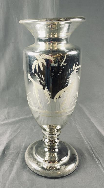 Large Antique Mercury Glass Urn Vase: A 14-3/4" tall antique silvered glass vase with remnants of the original painted decoration. It is sealed with wax on the bottom. Shipping: In-House Shipping Offered