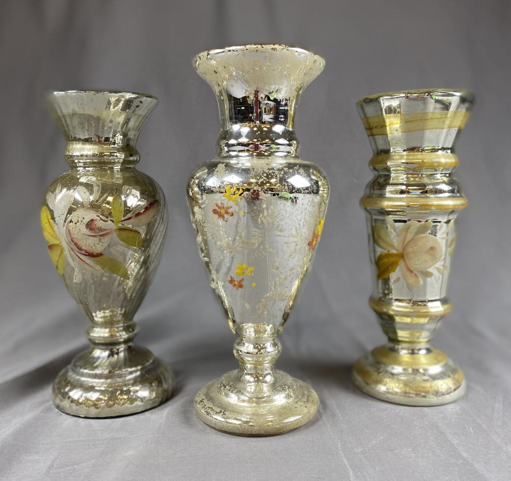 Three 19th C. Floral Painted Mercury Glass Vases (1 of 4)