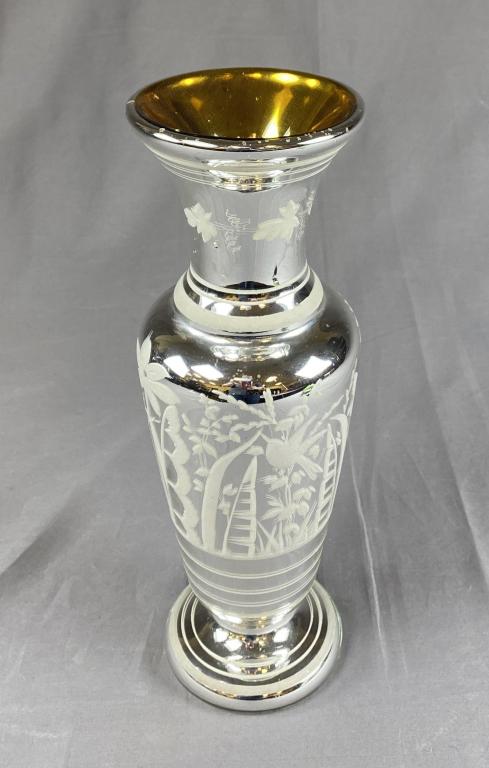 Large Mercury Glass Vase, Bird & Floral Decoration (1 of 6)