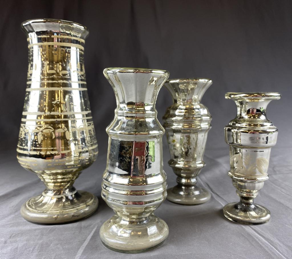 4 Antique Mercury Glass Vases in Faceted Designs: The tallest measures 8-1/2". Shipping: In-House Shipping Offered