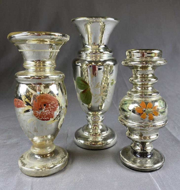3 Hand Painted Victorian Mercury Glass Vases (1 of 4)