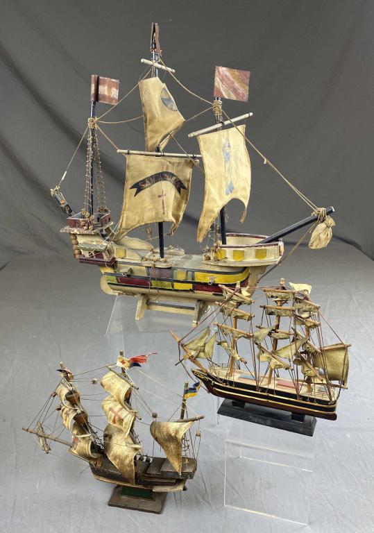 3 Vintage Wooden Model Ships: Circa mid 20th century hand made wooden ship models. The largest - the Santa Maria measures 24" tall and 27" long Shipping: This item is not eligible for in-house shipping. It may be picked up locally
