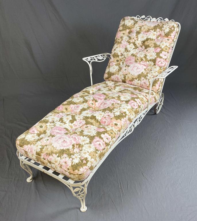 Woodard Chantilly Rose Wrought Iron Chaise Lounge: Woodard of Owosso wrought iron chaise from the Chantilly Rose line. Includes original cushions. Height 37" Width 31" Length 59" Shipping: This item is not eligible for in-house shipping. It may be pic
