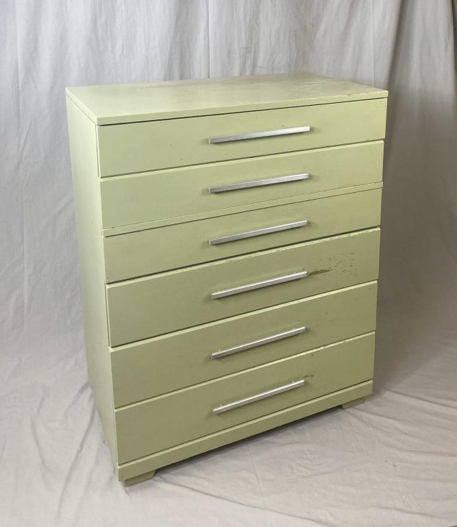Raymond Loewy for Mengel Tall 6 Drawer Chest: Height 42-3/4" Width 34" Depth 19-1/4" Shipping: This item is not eligible for in-house shipping. It may be picked up locally by you or the shipper of your choice. We recommend the Battle Creek Pak Ma