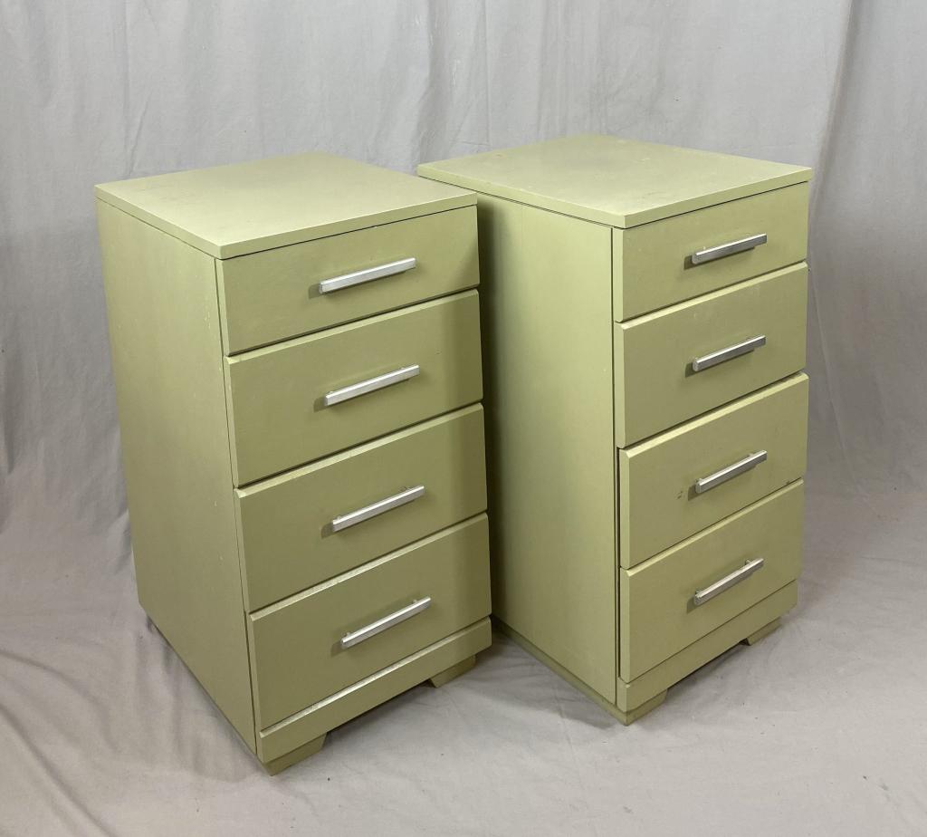 Raymond Loewy for Mengl Pair of Nightstands: Pair of 4 drawer nightstands designed by Raymond Loewy for Mengl. Height 31-1/2" Width 16" Depth 19-1/4" Shipping: This item is not eligible for in-house shipping. It may be picked up locally by you o