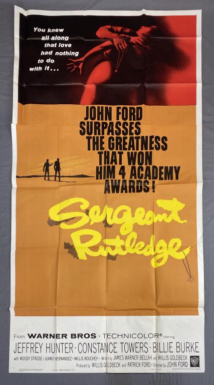 "Seargent Rutledge" Large 2 Sheet Poster 1960: John Ford film starring Jeffrey Hunter, Constance Towers, Billie Burke, Woody Strode, 1960. Large 2 sheet poster measuring approximately 78" x 41".