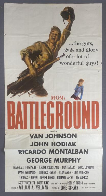 "Battleground" Van Johnson Poster 1949: Original theatrical movie poster for "Battleground starring Van Johnson, John Hodiak, Ricardo Montalban and George Murphy, 1949. 41" x 79"