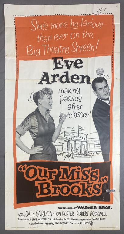 "Our Miss Brooks" Eve Arden Movie Poster 1956: Original theatrical 2 sheet movie poster for "Our Miss Brooks" starring Eve Arden, 1956. 41" x 79"