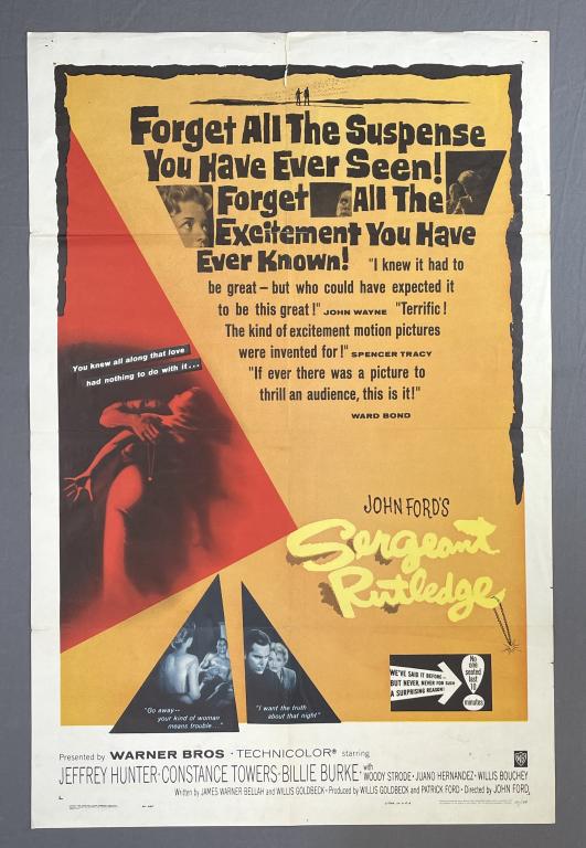 "Sergeant Rutledge" Jeffrey Hunter 1960: Original theatrical movie poster for " Sergeant Rutledge". Starring Jeffrey Hunter, Constance Towers and Billie Burke. 41"x 27".