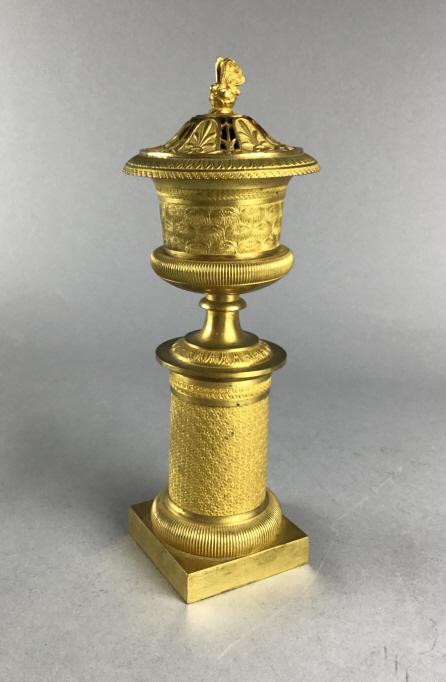 French Empire Gilt Bronze Cassolette C.1820: Finely detailed French Empire ormolu perfume burner or cassolette. Height 10-1/2"