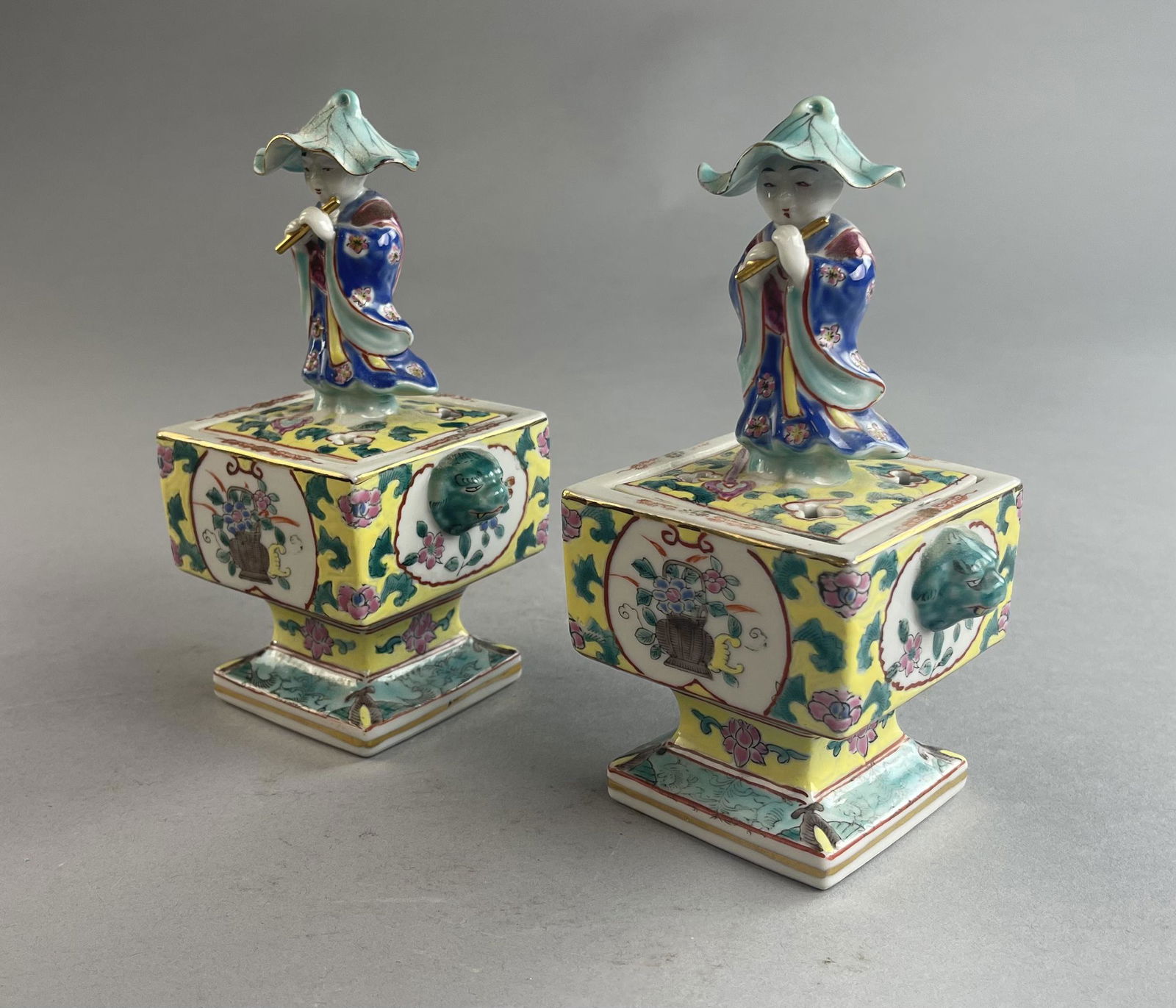 Pair Chinese 19th C. Figural Lidded Boxes (1 of 9)