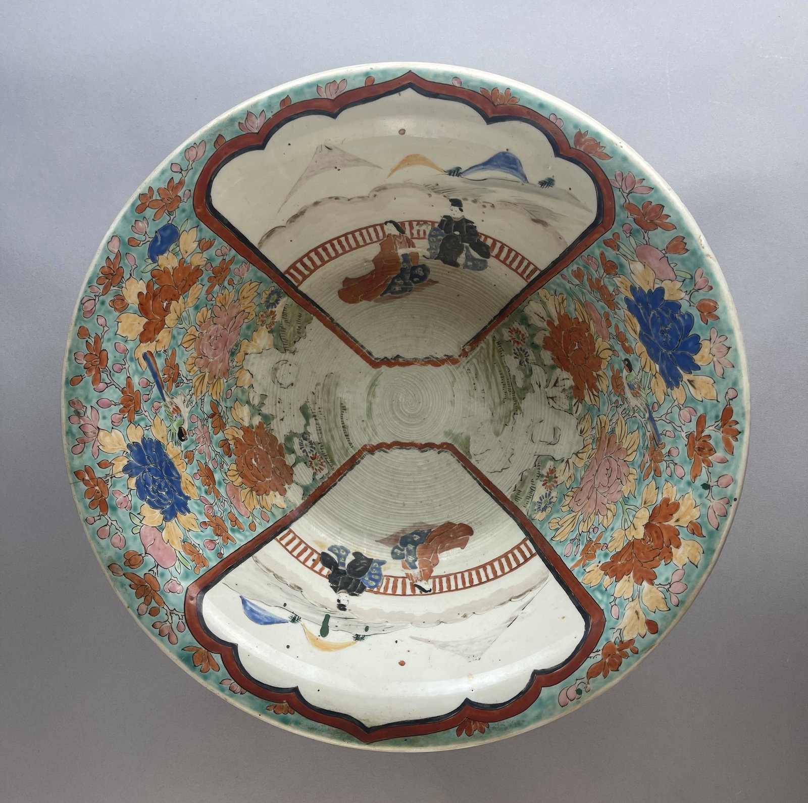 Large Signed Japanese Imari Porcelain Bowl: Large antique bowl measuring 16-1/8" diameter and 5-1/2" tall.