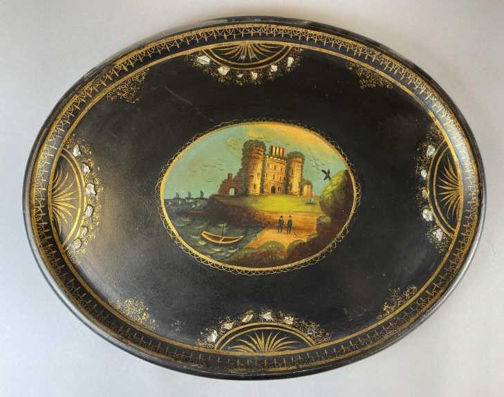 19th Century Papier Mache Mother of Pearl Tray: Victorian papier mache hand painted with a castle scene. Mother of pearl inlay and gilt trim. 29" x 23"