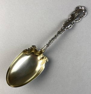 Sterling Casserole Spoon "Louis XV" by Whiting: Large sterling silver casserole spoon in the "Louis XV" pattern by Whiting Manufacturing Company, introduced in 1891. The interior of the bowl is gold washed. Length 9" Weight 86 grams