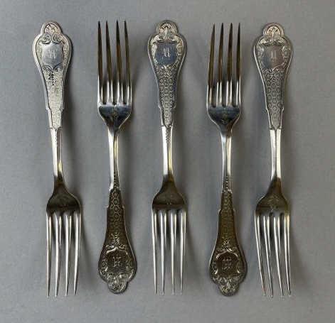 5 American Coin Silver Forks: 5 Seymour & Co American coin silver forks. Syracuse, NY C. 1865. Total weight 192 grams. 7-1/4" tall.