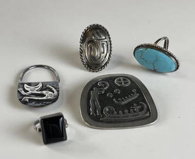 Mid Century Modernist Jewelry, Silver and Pewter: Includes: Brooch by Baron Erik Fleming Sterling key ring by Graziella G. Laffi Black onyx in sterling ring size 7-3/4 Unmarked sculptural silver ring size 8-1/2 Unmarked silver and turquoise ring size