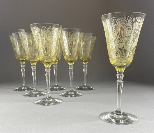 7 Fostoria Kashmir Topaz Water Goblets C.1930 (1 of 5)