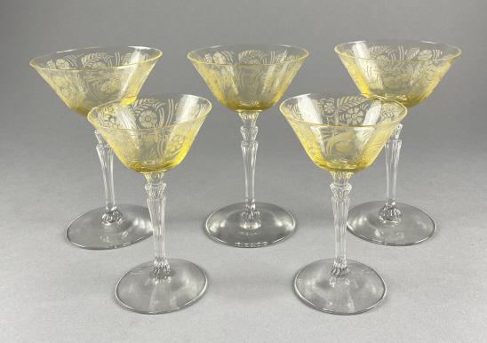 Fostoria Kashmir Topaz Champagne, Cocktail Glasses: Includes (3) 6-1/8" champagne coupes/tall sherbet glasses and (2) 5-1/4" cocktail glasses in the Art deco Kashmir pattern by Fostoria in the topaz color. In production from 1930-1933.