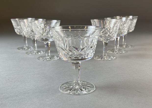 7 Waterford Lismore Small Cocktail Glasses: 7 Waterford small cocktail glasses in the Lismore pattern. Lismore was designed by Miroslav Havel in 1952. 4" tall.