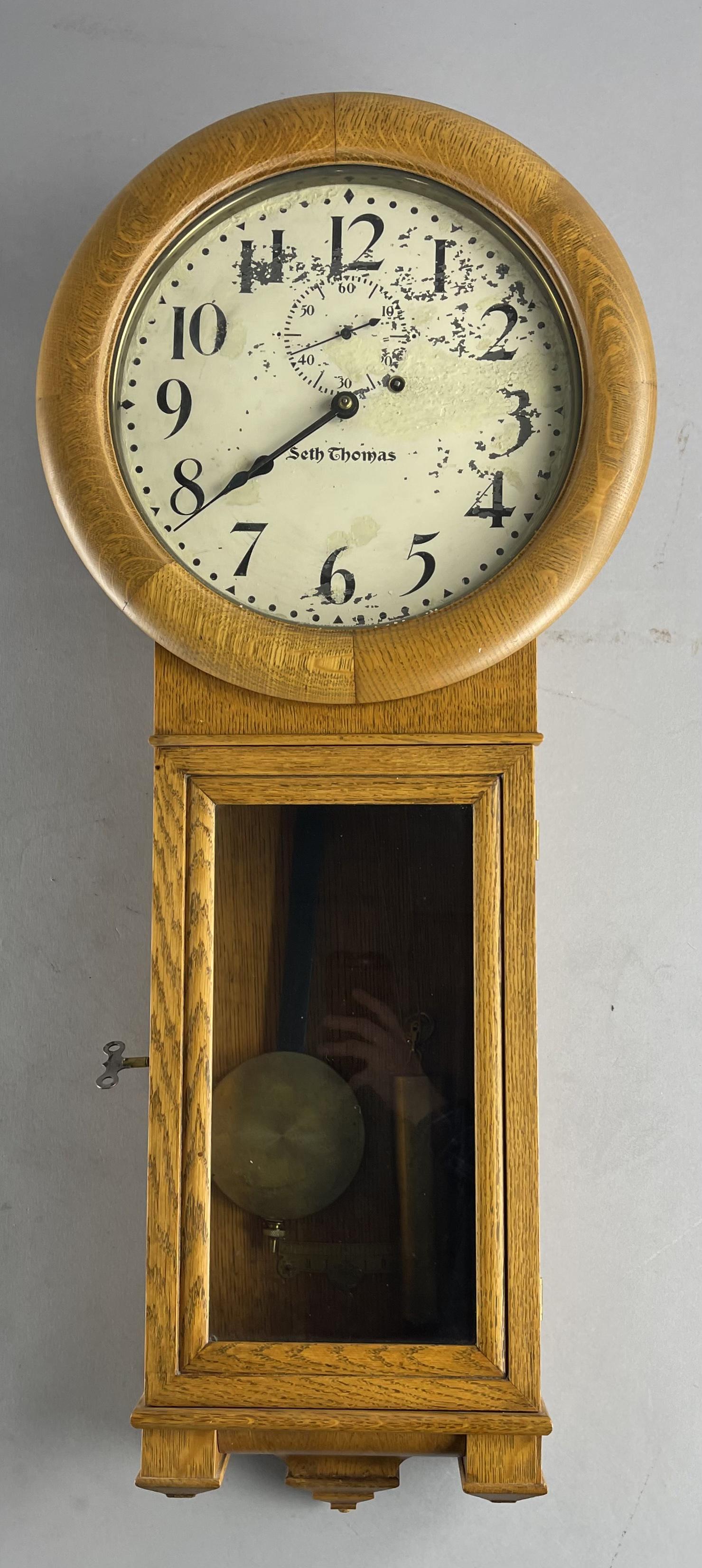 Seth Thomas Long Drop Oak Regulator Wall Clock (1 of 8)